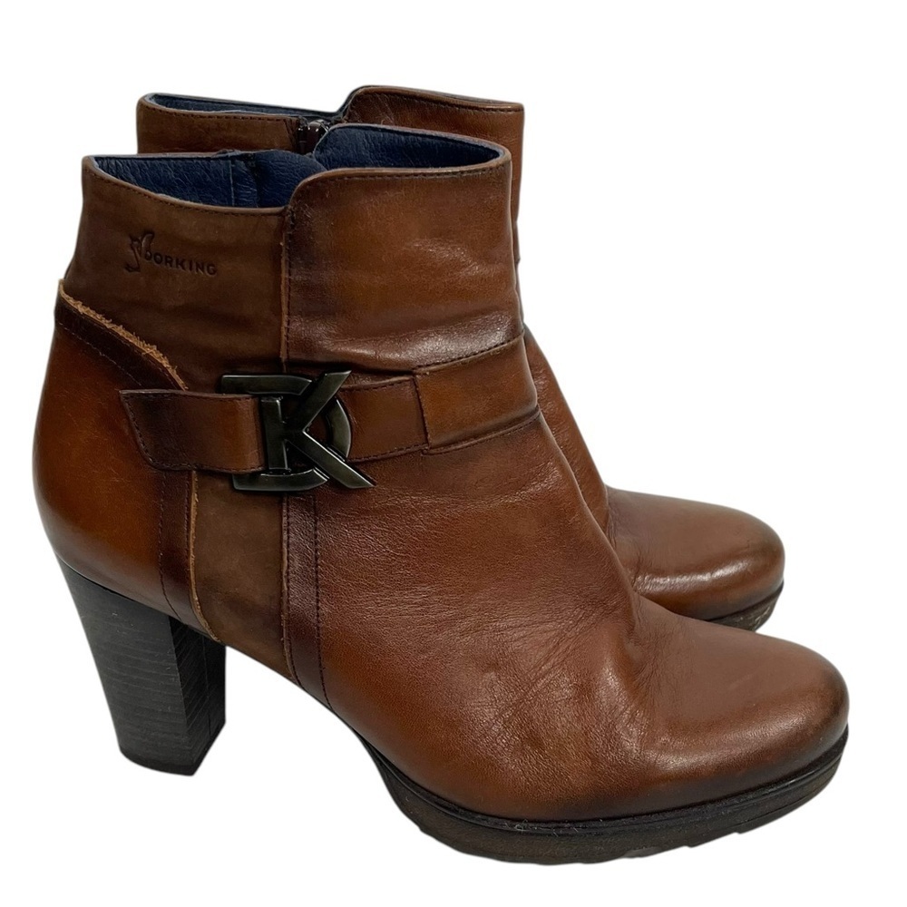 DORKING by FLUCHOS Brown Leather Block Heeled Boots Side Zip Size 38/7.5